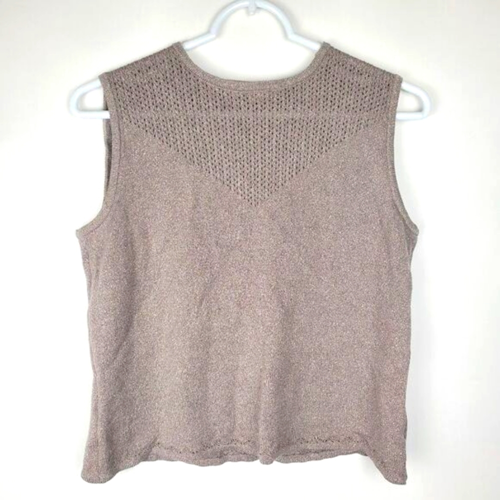 St. JOHN Sleeveless Metallic Tank Top Shirt Blouse Open Knit Crew Neck Womens S